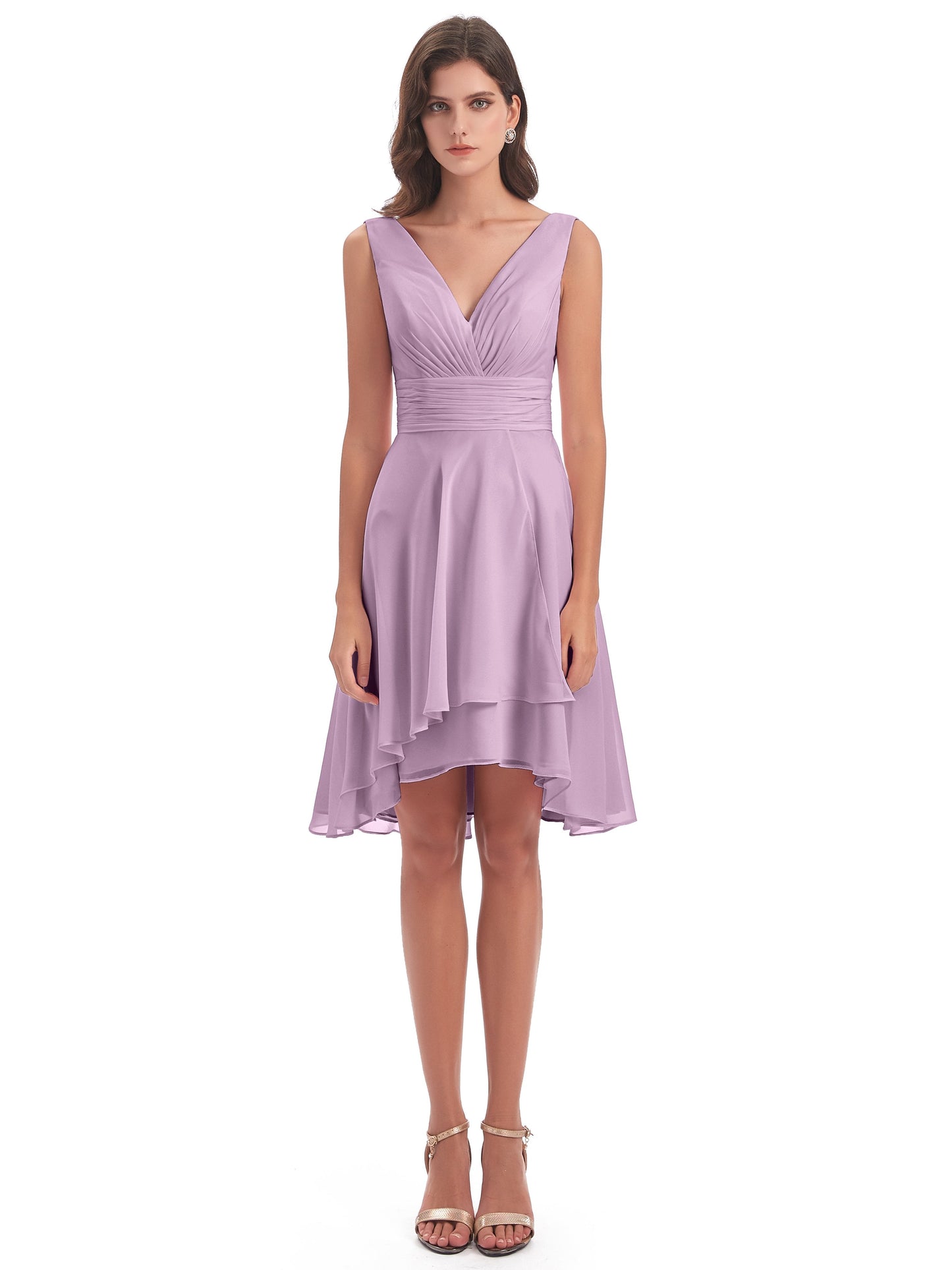 Esperanza Knee Length High Low V-neck Chiffon Bridesmaid Dresses