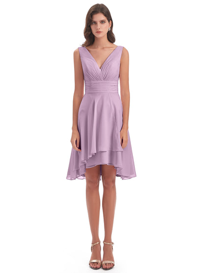 Esperanza Knee Length High Low V-neck Chiffon Bridesmaid Dresses