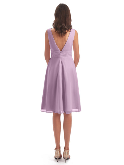 Esperanza Knee Length High Low V-neck Chiffon Bridesmaid Dresses