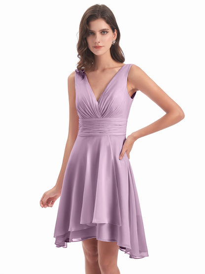 Esperanza Knee Length High Low V-neck Chiffon Bridesmaid Dresses