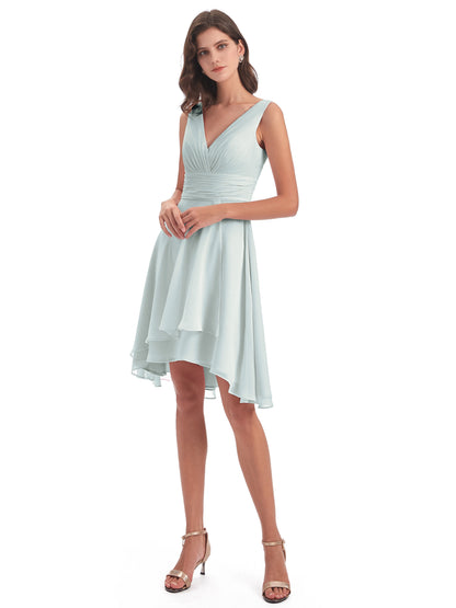 Esperanza Knee Length High Low V-neck Chiffon Bridesmaid Dresses