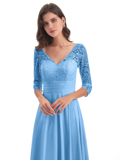Florence V-Neck 3/4 Length Sleeves Lace Bridesmaid Dresses
