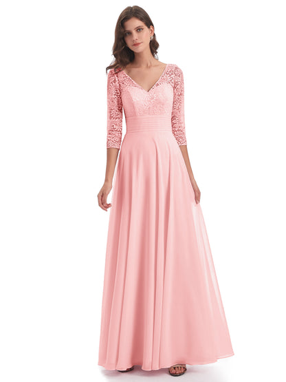 Florence V-Neck 3/4 Length Sleeves Lace Bridesmaid Dresses