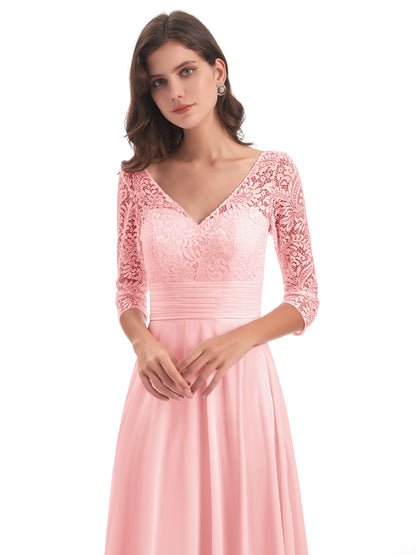 Florence V-Neck 3/4 Length Sleeves Lace Bridesmaid Dresses