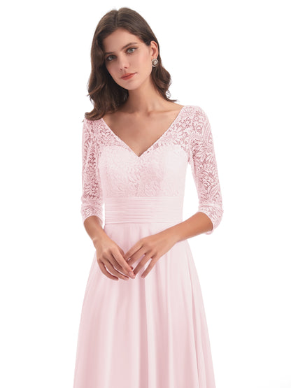 Florence V-Neck 3/4 Length Sleeves Lace Bridesmaid Dresses