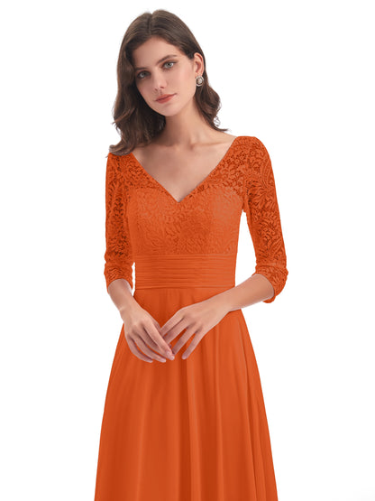 Florence V-Neck 3/4 Length Sleeves Lace Bridesmaid Dresses