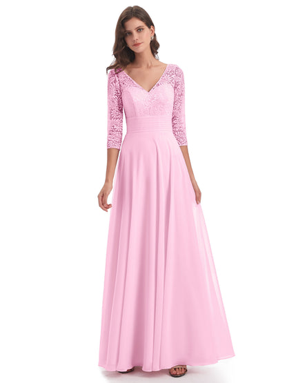 Florence V-Neck 3/4 Length Sleeves Lace Bridesmaid Dresses