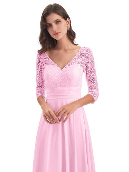 Florence V-Neck 3/4 Length Sleeves Lace Bridesmaid Dresses