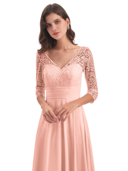 Florence V-Neck 3/4 Length Sleeves Lace Bridesmaid Dresses