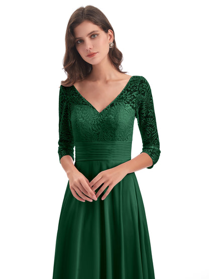 Florence V-Neck 3/4 Length Sleeves Lace Bridesmaid Dresses