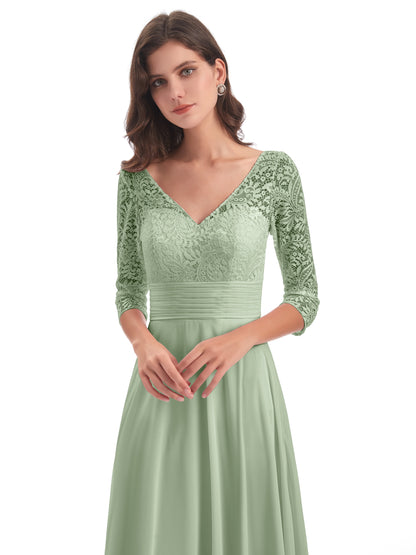 Florence V-Neck 3/4 Length Sleeves Lace Bridesmaid Dresses