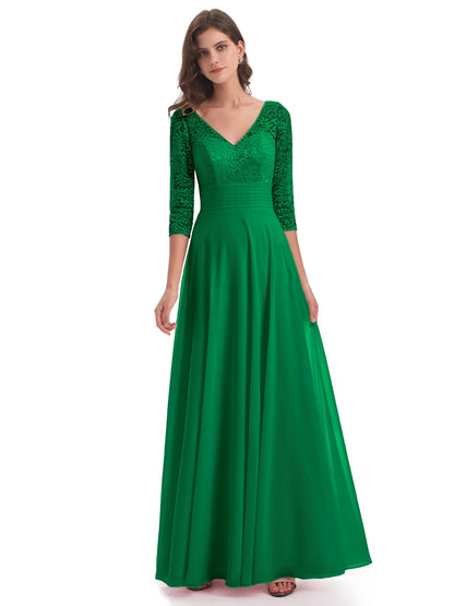 Florence V-Neck 3/4 Length Sleeves Lace Bridesmaid Dresses
