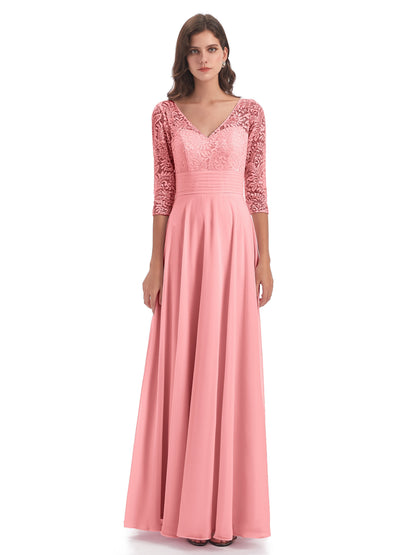 Florence V-Neck 3/4 Length Sleeves Lace Bridesmaid Dresses