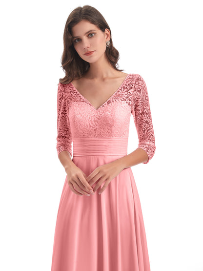 Florence V-Neck 3/4 Length Sleeves Lace Bridesmaid Dresses