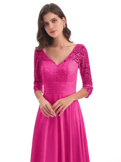 Florence V-Neck 3/4 Length Sleeves Lace Bridesmaid Dresses