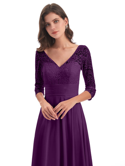 Florence V-Neck 3/4 Length Sleeves Lace Bridesmaid Dresses