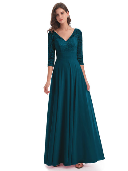 Florence V-Neck 3/4 Length Sleeves Lace Bridesmaid Dresses
