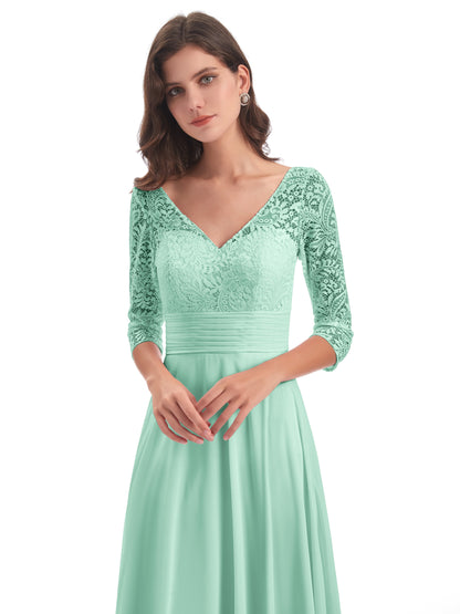 Florence V-Neck 3/4 Length Sleeves Lace Bridesmaid Dresses