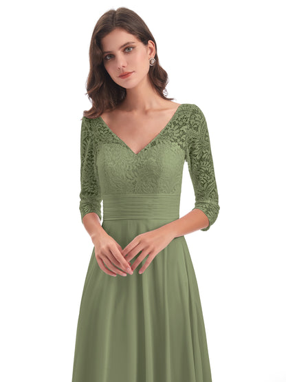 Florence V-Neck 3/4 Length Sleeves Lace Bridesmaid Dresses
