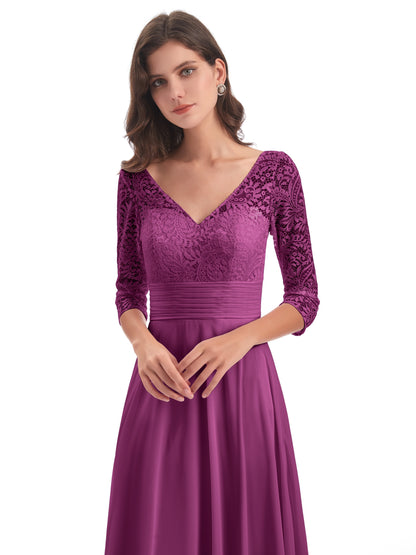 Florence V-Neck 3/4 Length Sleeves Lace Bridesmaid Dresses