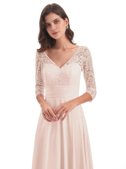 Florence V-Neck 3/4 Length Sleeves Lace Bridesmaid Dresses