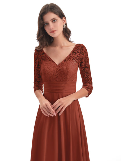 Florence V-Neck 3/4 Length Sleeves Lace Bridesmaid Dresses