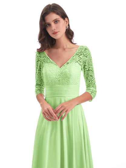 Florence V-Neck 3/4 Length Sleeves Lace Bridesmaid Dresses