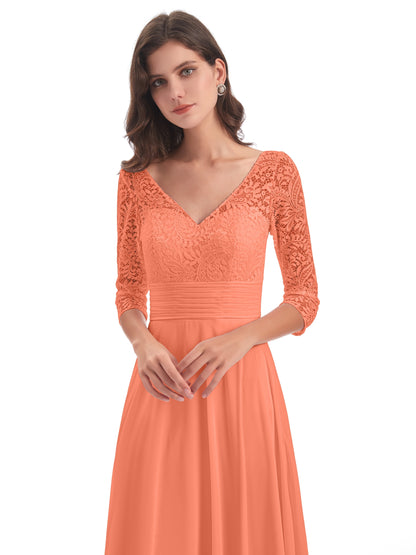 Florence V-Neck 3/4 Length Sleeves Lace Bridesmaid Dresses