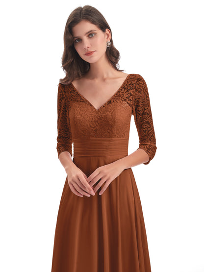 Florence V-Neck 3/4 Length Sleeves Lace Bridesmaid Dresses