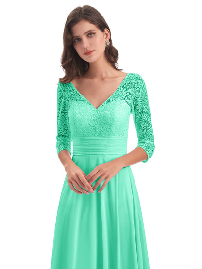 Florence V-Neck 3/4 Length Sleeves Lace Bridesmaid Dresses