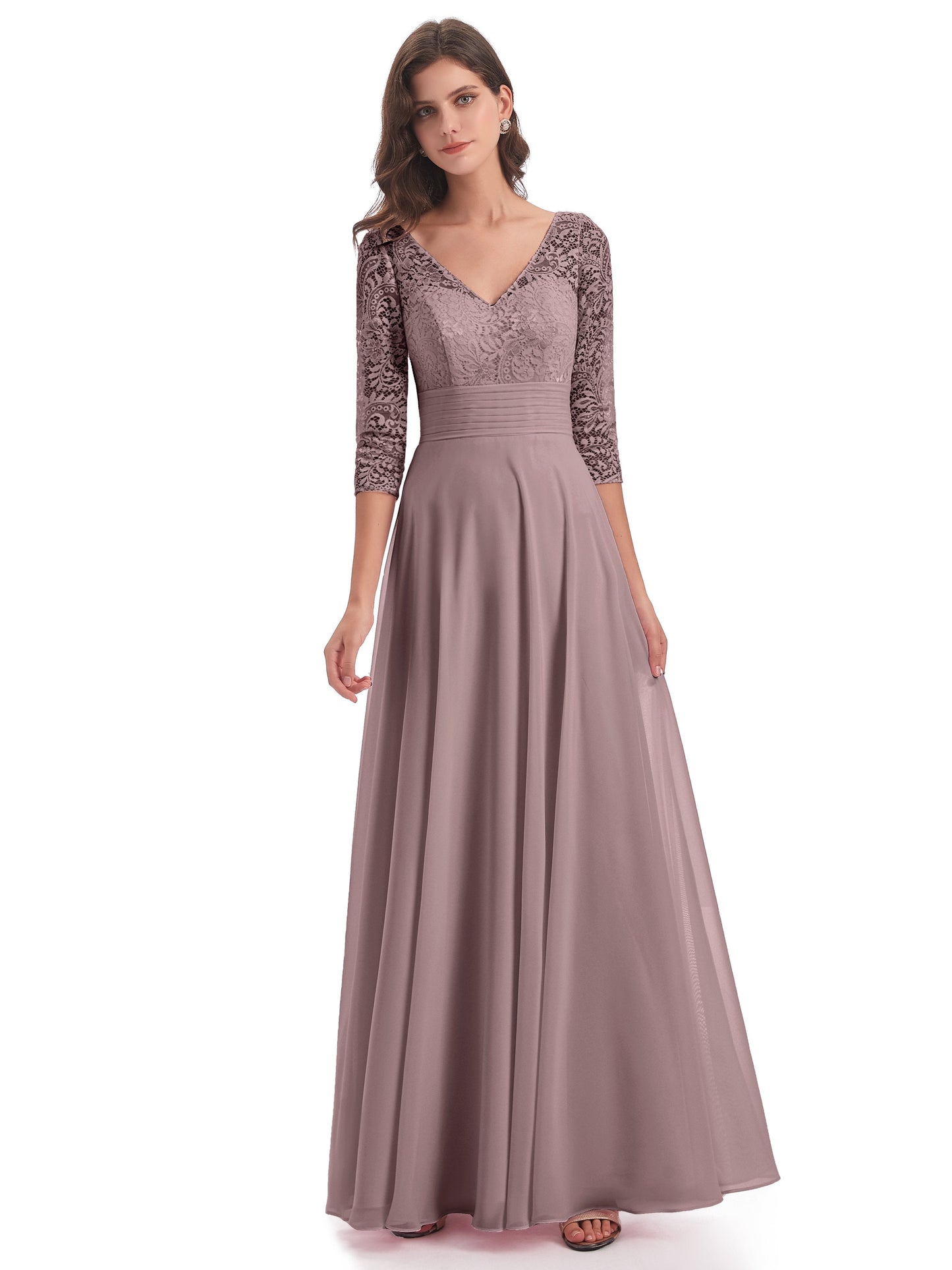 Florence V-Neck 3/4 Length Sleeves Lace Bridesmaid Dresses