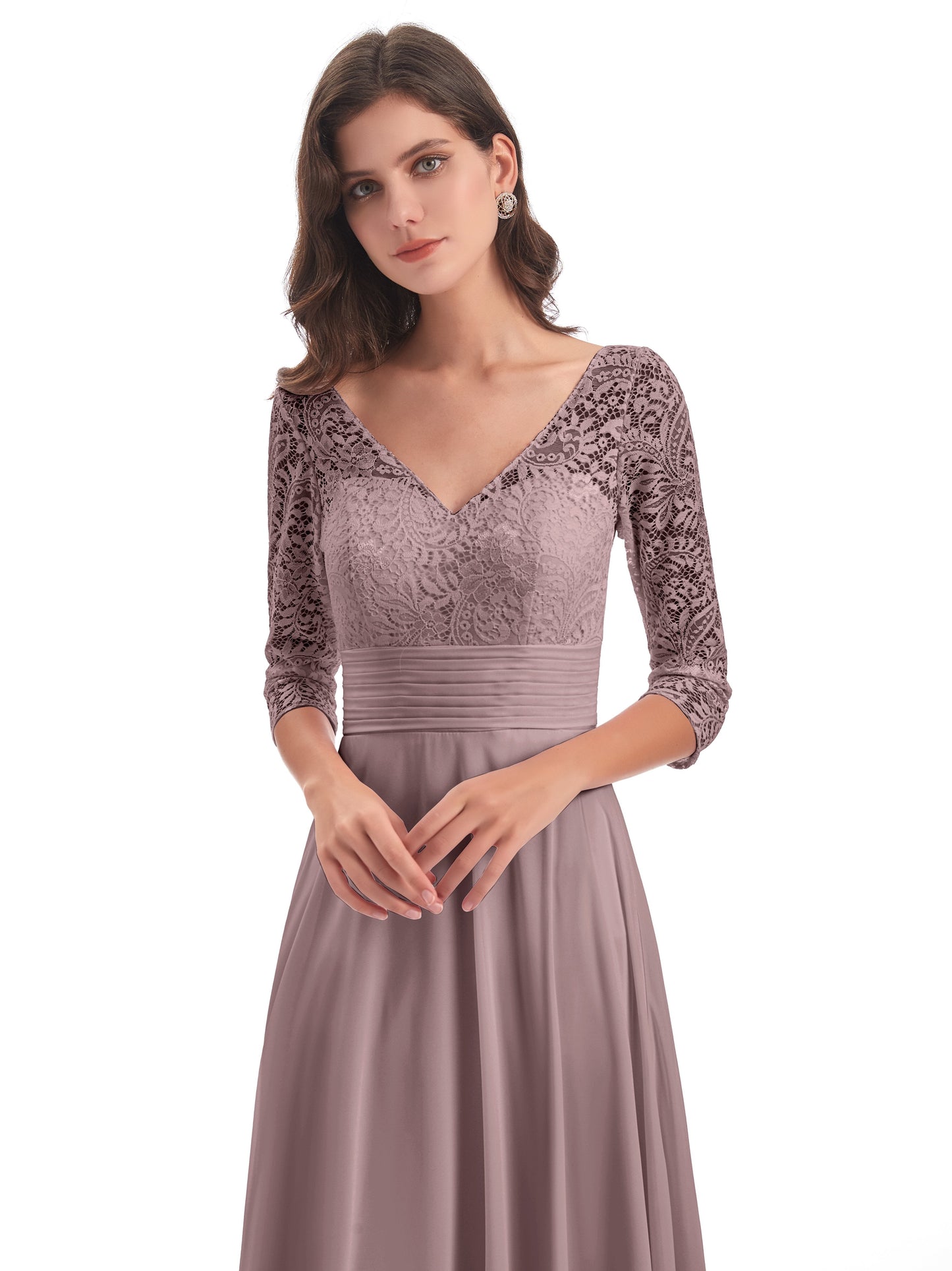 Florence V-Neck 3/4 Length Sleeves Lace Bridesmaid Dresses