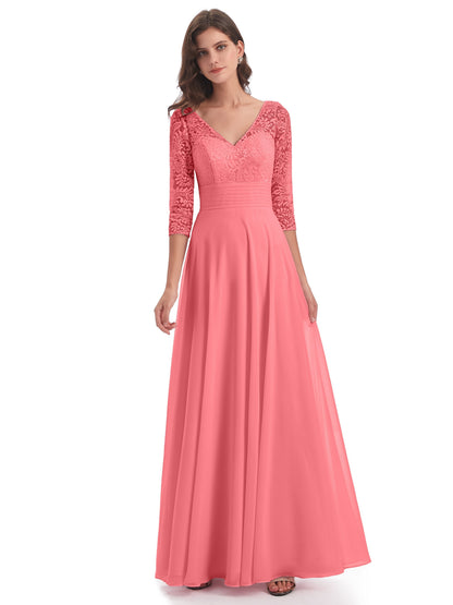 Florence V-Neck 3/4 Length Sleeves Lace Bridesmaid Dresses
