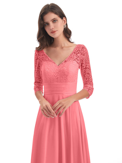 Florence V-Neck 3/4 Length Sleeves Lace Bridesmaid Dresses