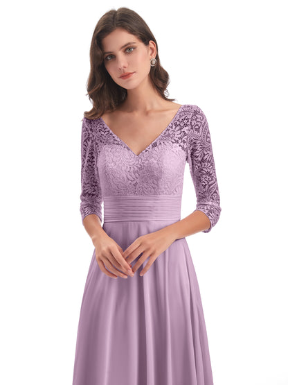 Florence V-Neck 3/4 Length Sleeves Lace Bridesmaid Dresses