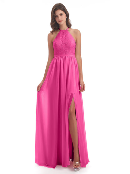 Harper A-line Halter Lace Long Bridesmaid Dresses