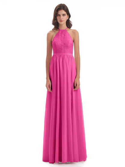 Harper A-line Halter Lace Long Bridesmaid Dresses