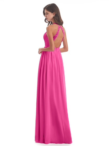 Harper A-line Halter Lace Long Bridesmaid Dresses