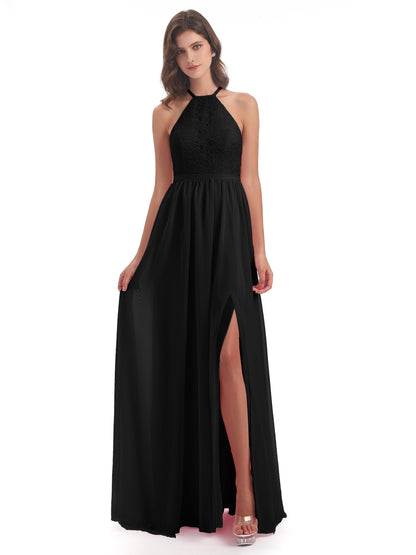 Harper A-line Halter Lace Long Bridesmaid Dresses