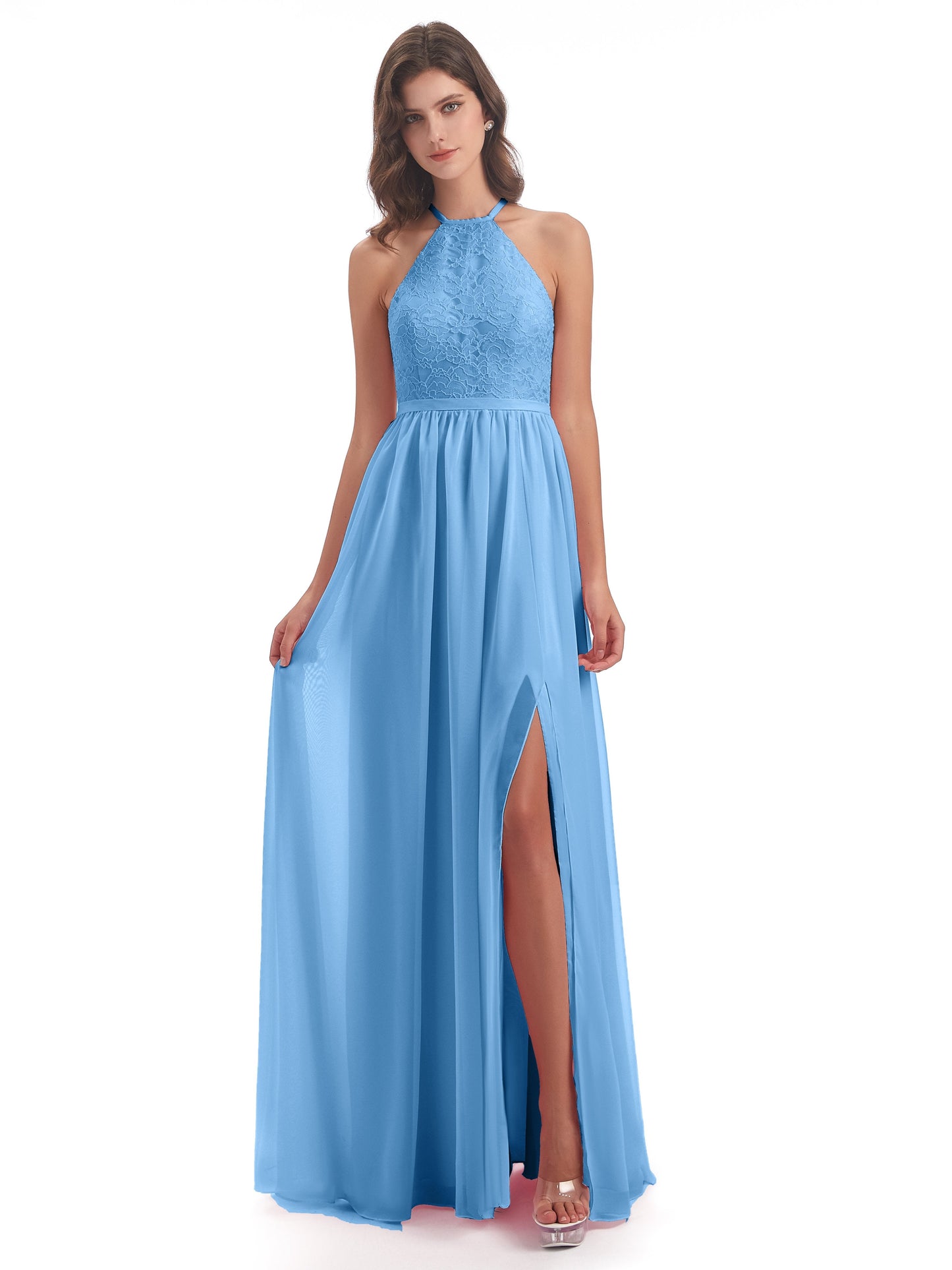Harper A-line Halter Lace Long Bridesmaid Dresses