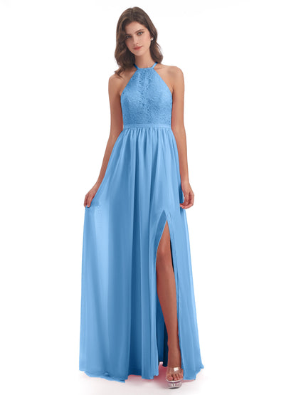 Harper A-line Halter Lace Long Bridesmaid Dresses