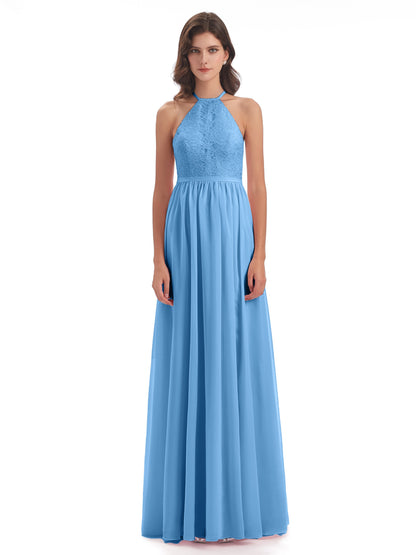 Harper A-line Halter Lace Long Bridesmaid Dresses