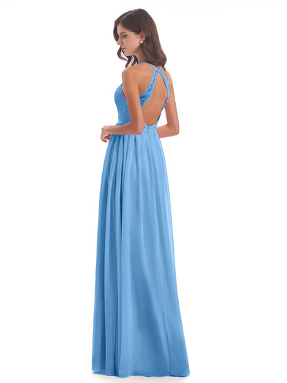 Harper A-line Halter Lace Long Bridesmaid Dresses