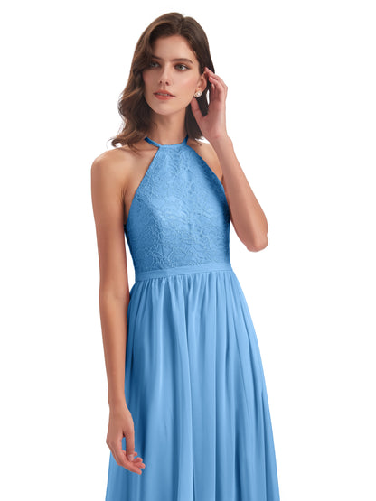 Harper A-line Halter Lace Long Bridesmaid Dresses