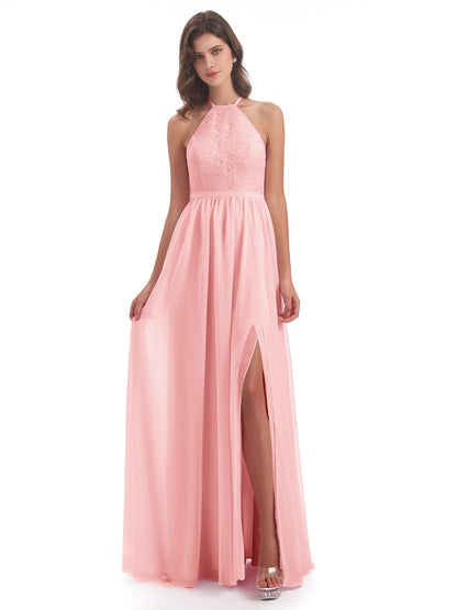 Harper A-line Halter Lace Long Bridesmaid Dresses