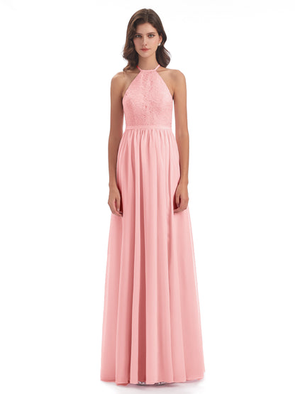 Harper A-line Halter Lace Long Bridesmaid Dresses