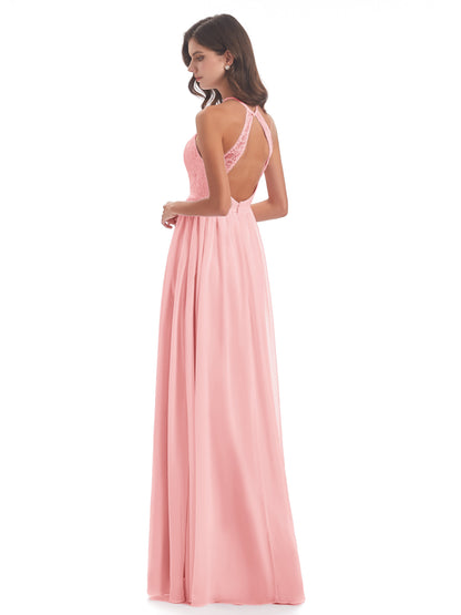 Harper A-line Halter Lace Long Bridesmaid Dresses