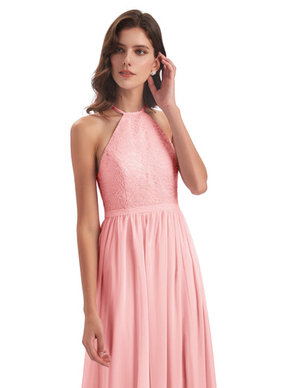 Harper A-line Halter Lace Long Bridesmaid Dresses