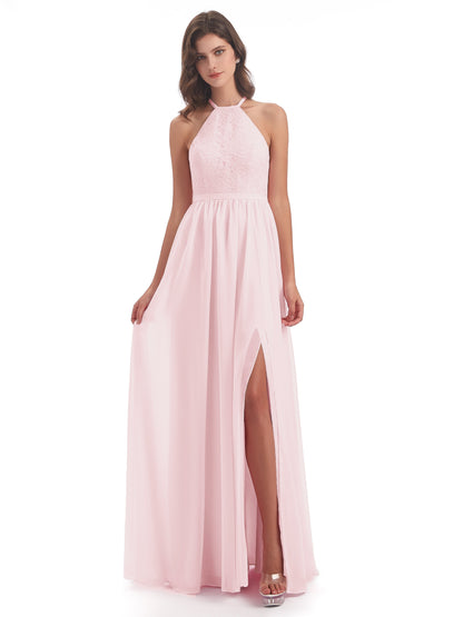 Harper A-line Halter Lace Long Bridesmaid Dresses