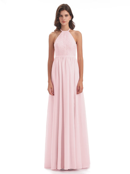 Harper A-line Halter Lace Long Bridesmaid Dresses